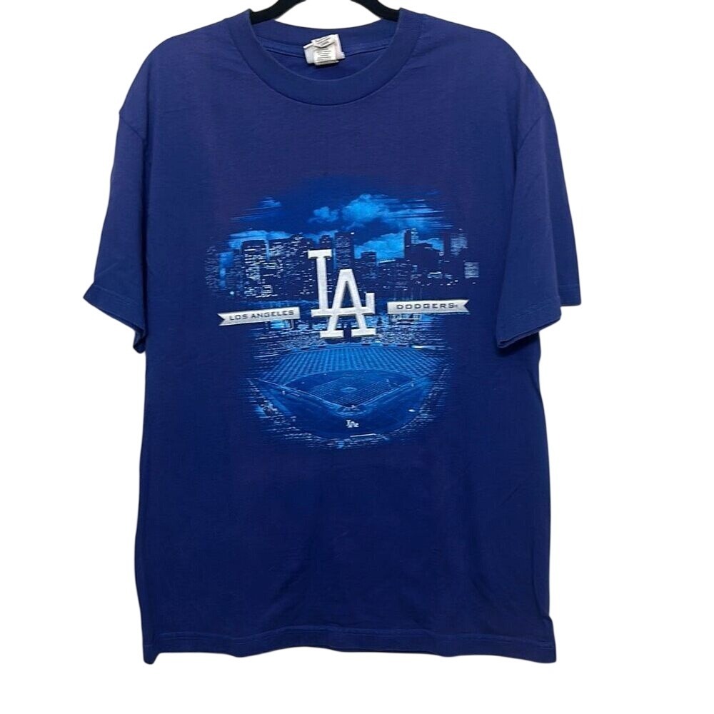 Y2K Majestic Mens Blue‎ Los Angeles Dodgers Stadium Short Sleeve T-Shirt Large